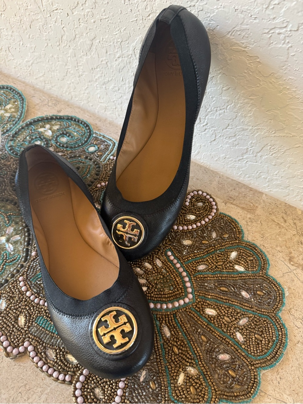 Tory Burch Black Leather Logo Round-Toe Flats with Gold Emblem